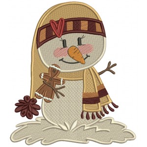 Snowman Wearing Scarf And a Hat Holding Gingerbread Man Christmas Filled Machine Embroidery Design Digitized Pattern